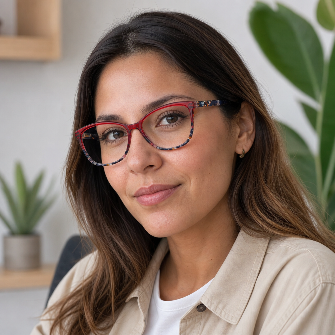 Mujer usando lentes de lectura Colibri Rojo con filtro azul - Buhu Eyewear