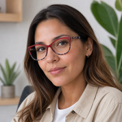 Mujer usando lentes de lectura Colibri Rojo con filtro azul - Buhu Eyewear