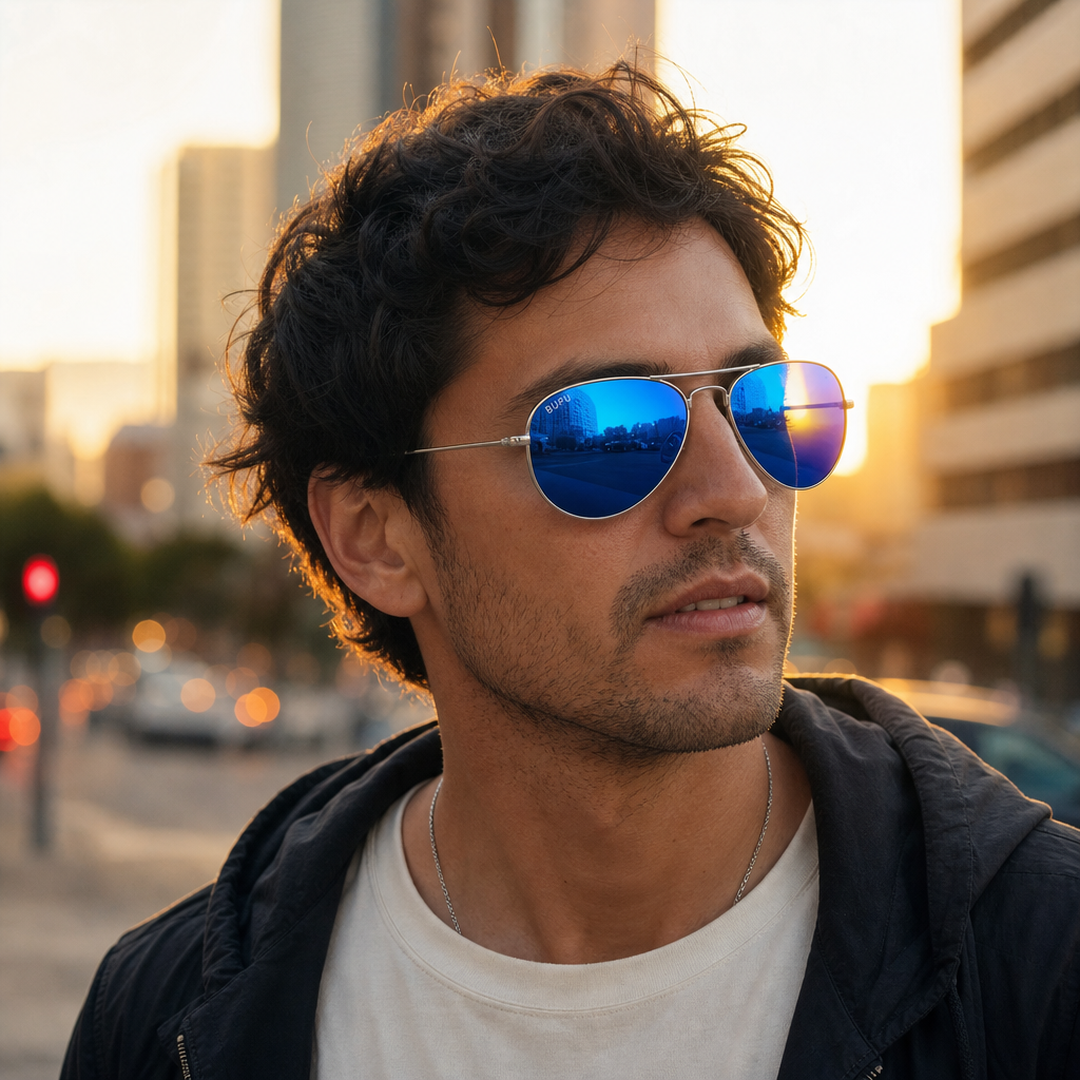 Hombre usando lentes de sol Oxford Gris con protección UV400 - Buhu Eyewear
