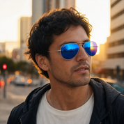 Hombre usando lentes de sol Oxford Gris con protección UV400 - Buhu Eyewear