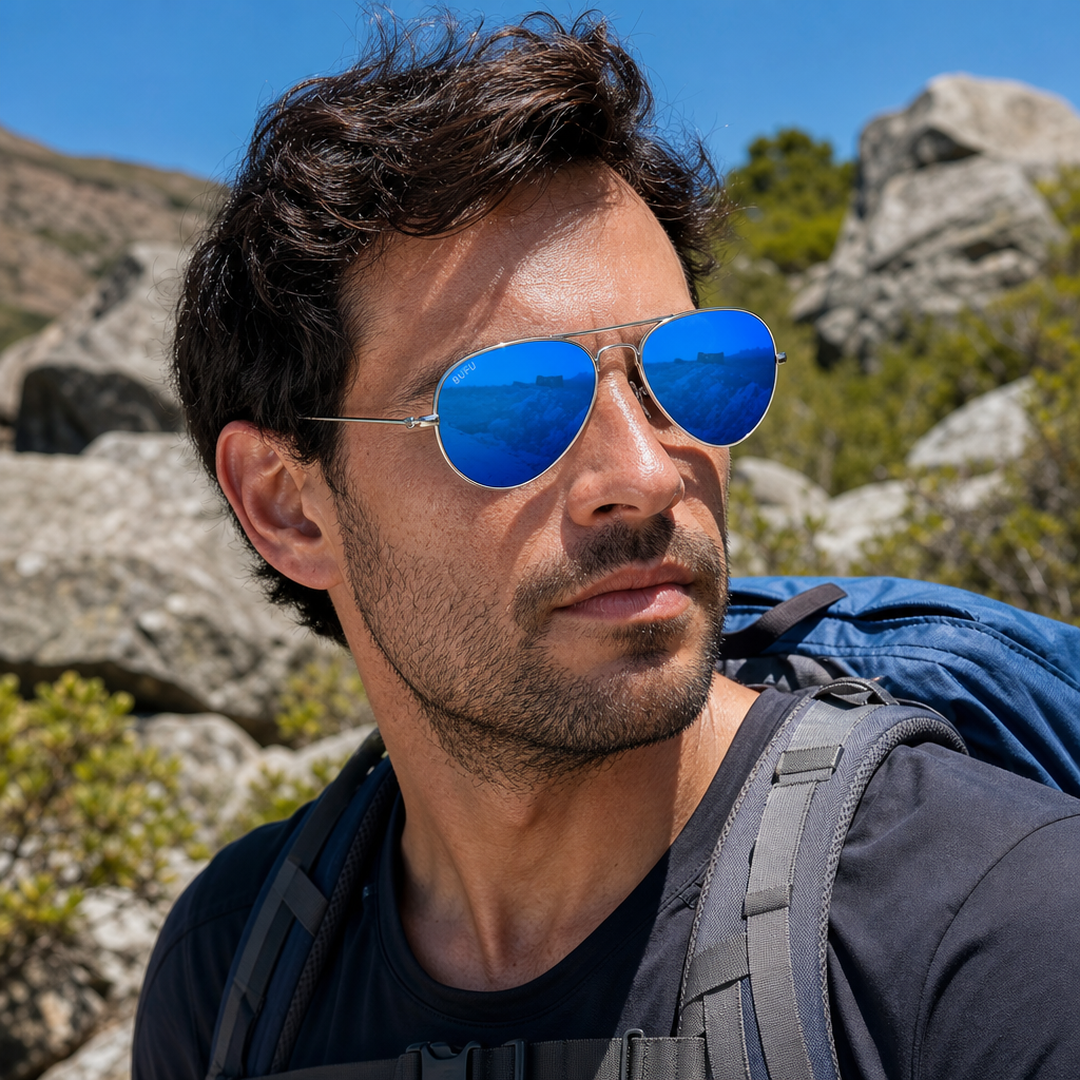 Hombre usando lentes de sol Oxford Gris con protección UV400 - Buhu Eyewear