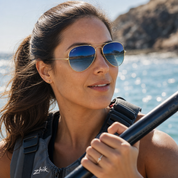 Mujer usando lentes de sol Oxford Dorado/Azul con protección UV400 - Buhu Eyewear