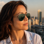 Mujer usando lentes de sol Oxford Gris/G15 con protección UV400 - Buhu Eyewear