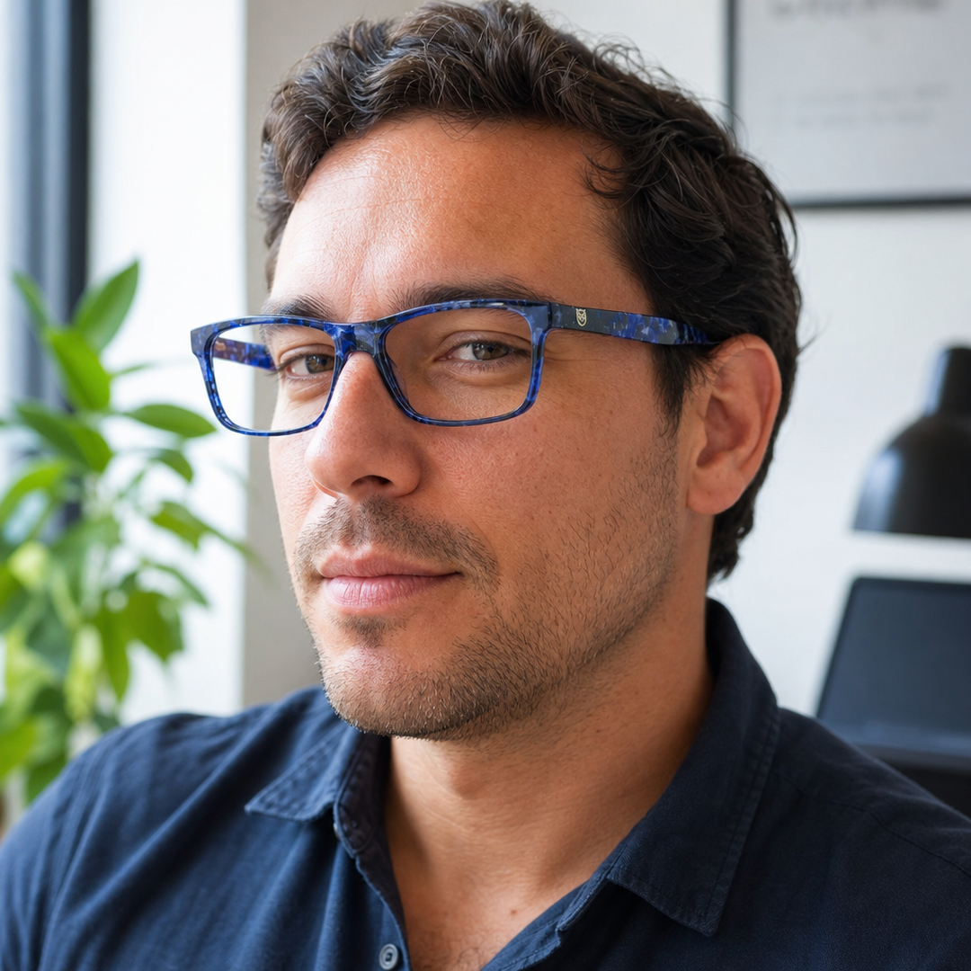 Hombre usando lentes de lectura Tucan Azul con filtro azul - Buhu Eyewear