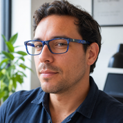 Hombre usando lentes de lectura Tucan Azul con filtro azul - Buhu Eyewear