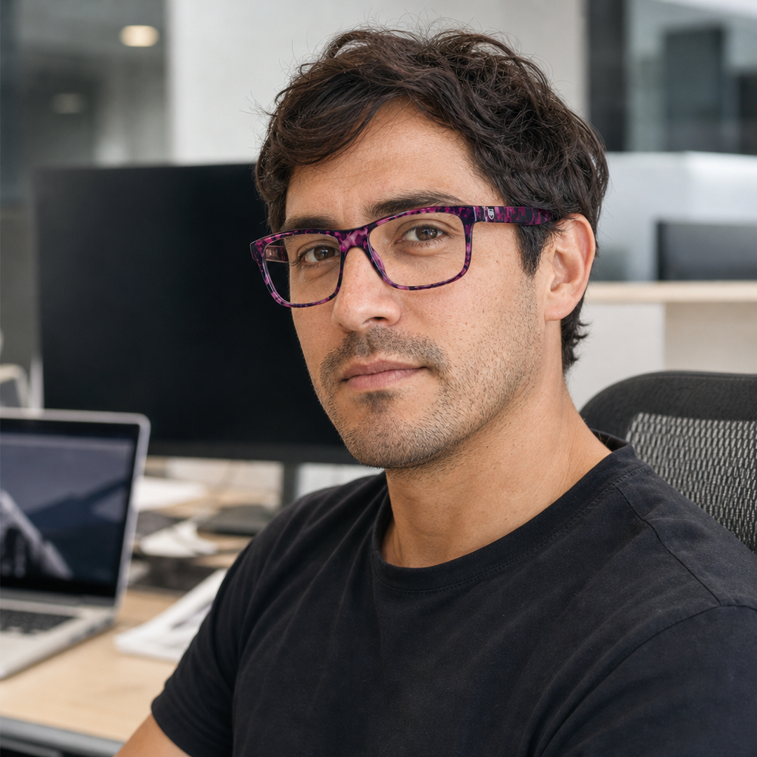 Hombre usando lentes de lectura Tucan Púrpura con filtro azul - Buhu Eyewear