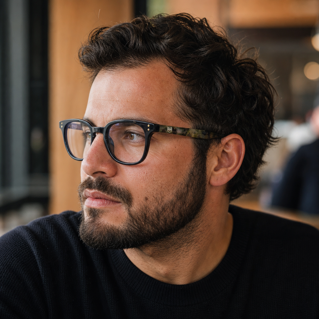 Hombre usando lentes de lectura Manglar Negro con filtro azul - Buhu Eyewear