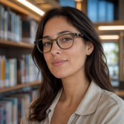 Mujer usando lentes de lectura Manglar Olivo con filtro azul - Buhu Eyewear
