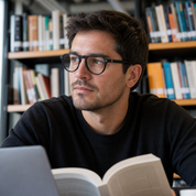 Hombre usando marco óptico Quinteros Negro con filtro azul - Buhu Eyewear