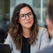 Mujer usando marco óptico Quinteros Negro con filtro azul - Buhu Eyewear