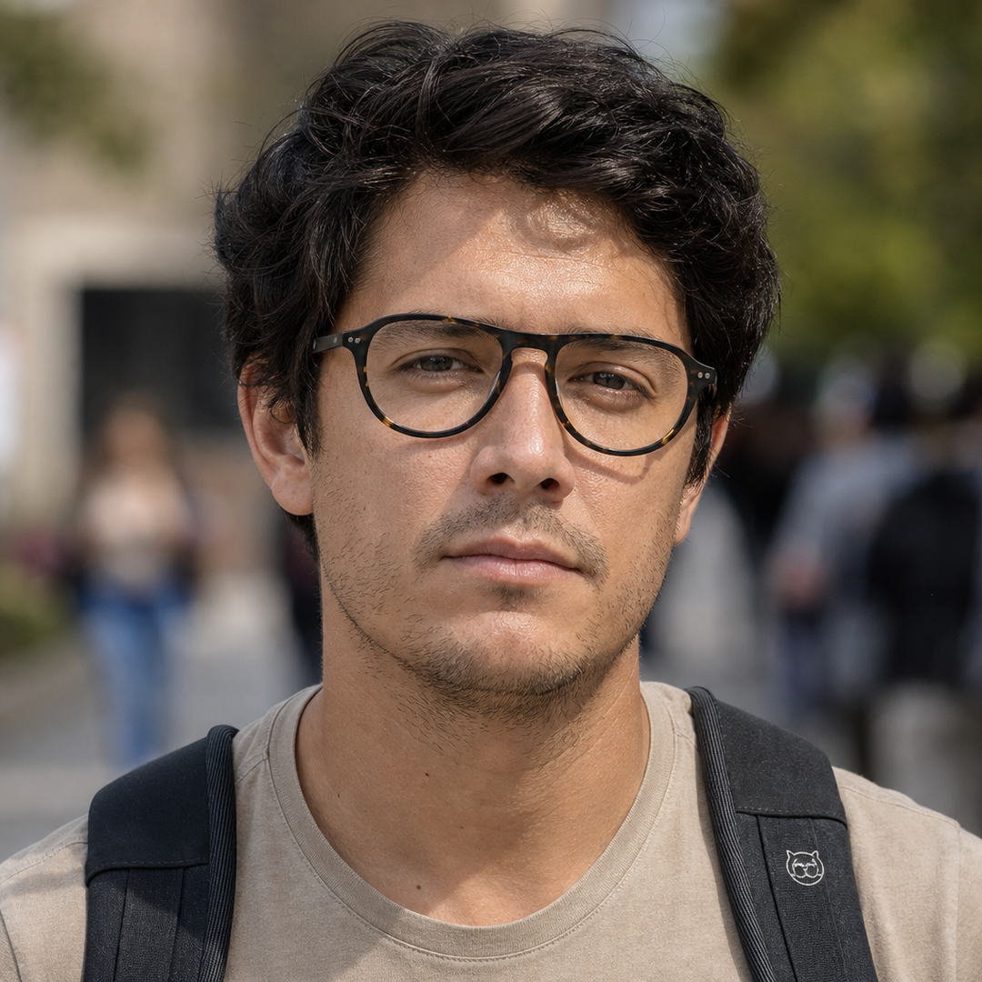 Hombre usando marco óptico Quinteros Carey con filtro azul - Buhu Eyewear