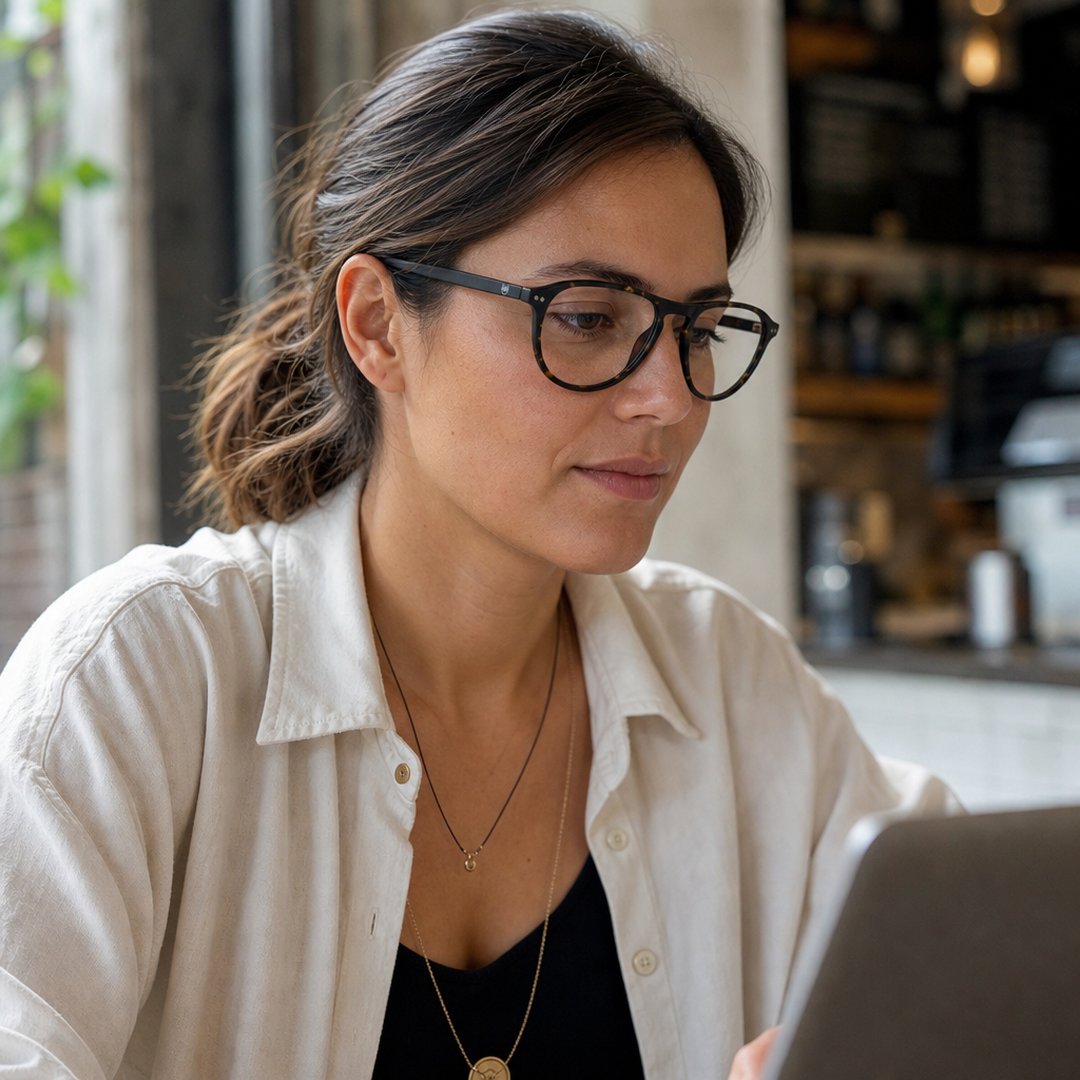 Mujer usando marco óptico Quinteros Carey con filtro azul - Buhu Eyewear