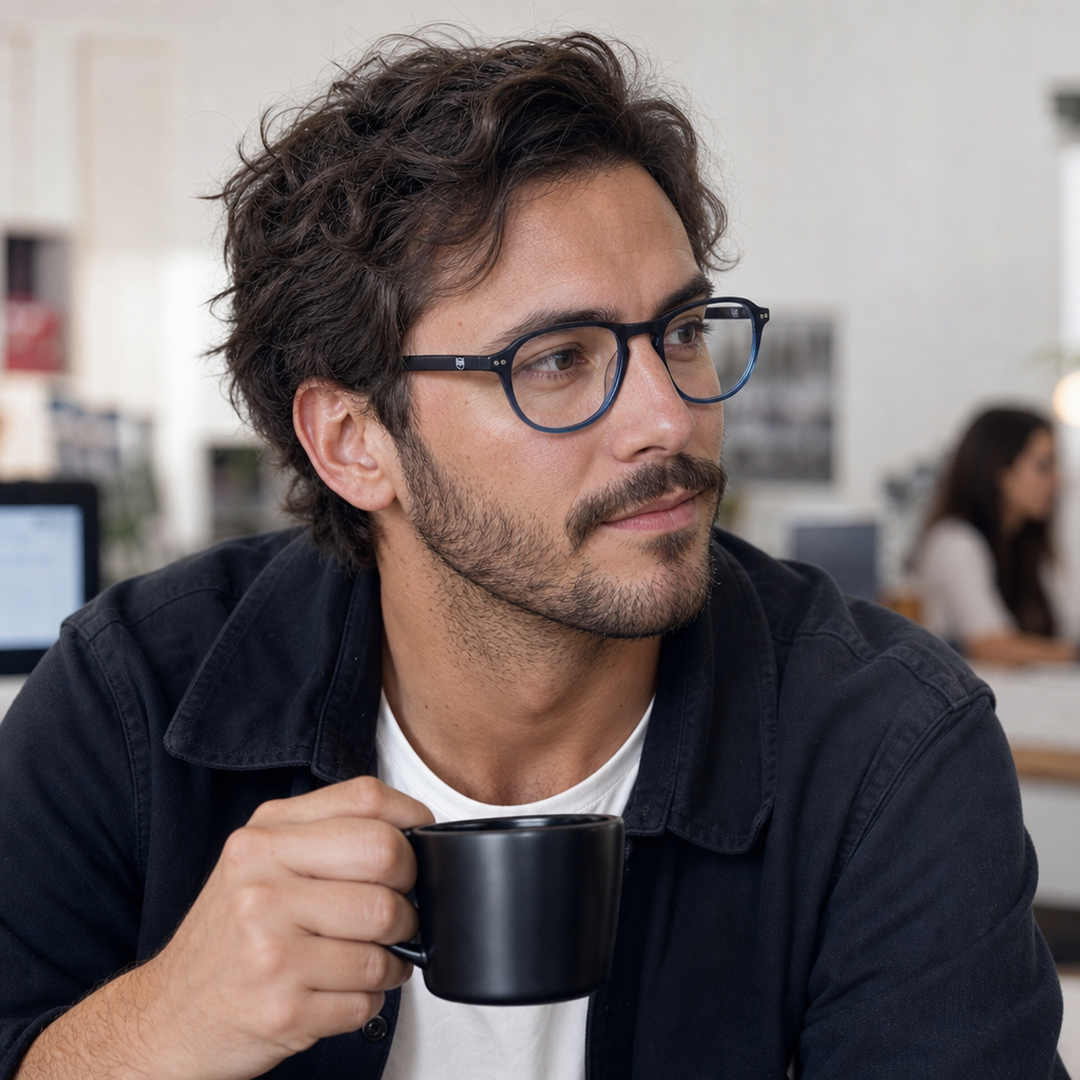 Hombre usando marco óptico Quinteros Azul con filtro azul - Buhu Eyewear