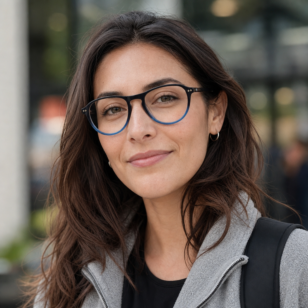 Mujer usando marco óptico Quinteros Azul con filtro azul - Buhu Eyewear