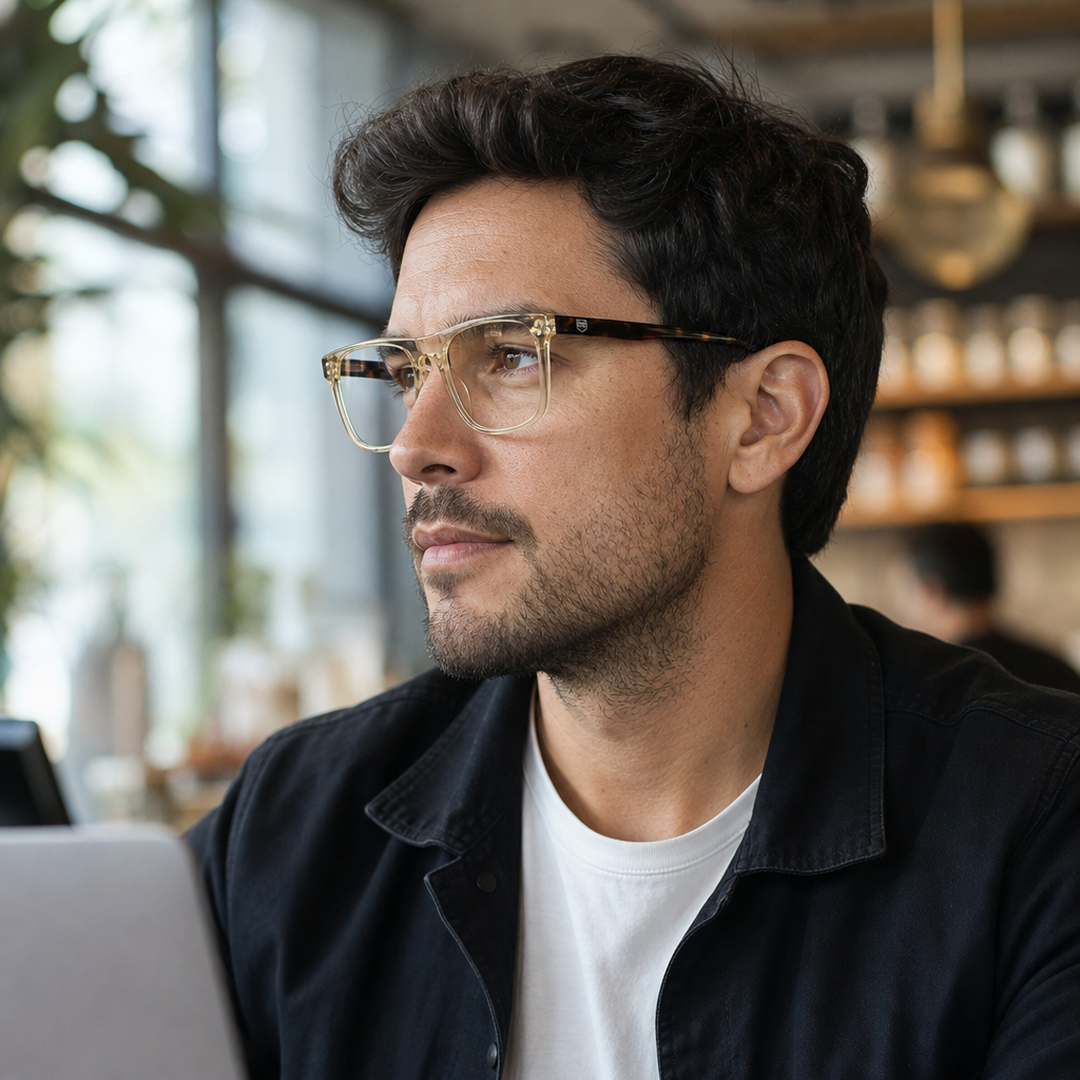 Hombre usando marco óptico Olmue Marrón con filtro azul - Buhu Eyewear