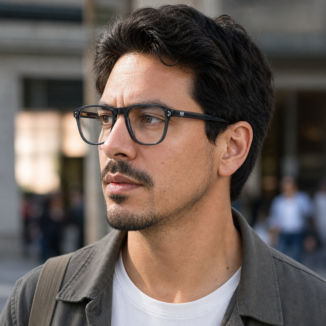Hombre usando marco óptico Olmue Gris con filtro azul - Buhu Eyewear