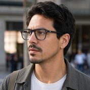Hombre usando marco óptico Olmue Gris con filtro azul - Buhu Eyewear