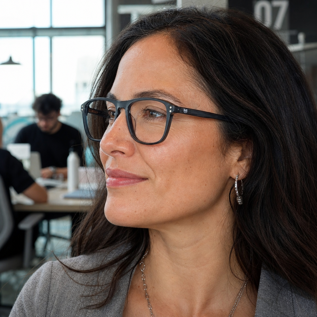 Mujer usando marco óptico Olmue Gris con filtro azul - Buhu Eyewear