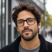 Hombre usando marco óptico Dalcahue Negro con filtro azul - Buhu Eyewear