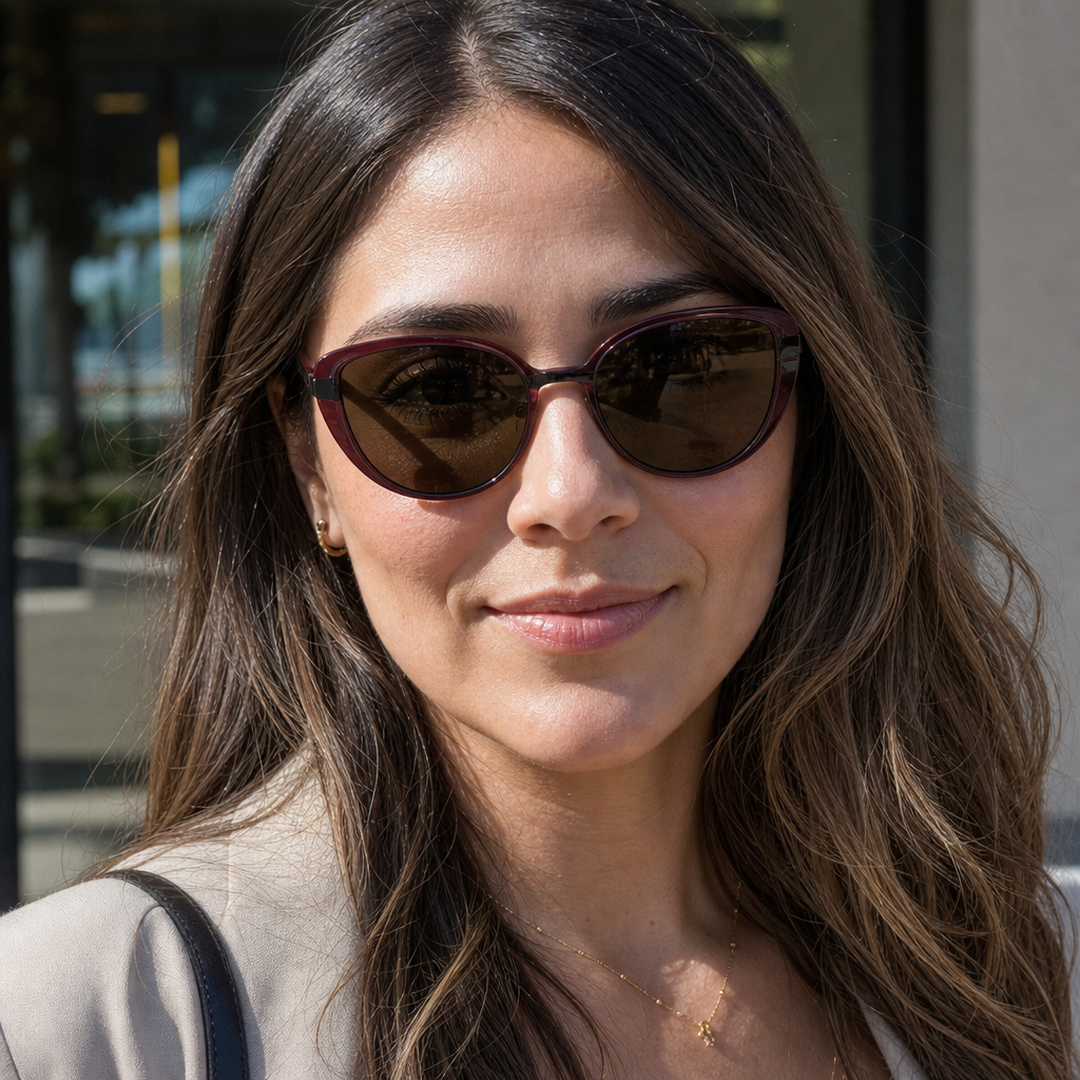 Mujer usando marco óptico Córdoba Clip Rosa con filtro azul - Buhu Eyewear