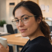 Mujer usando marco óptico Córdoba Clip Verde con filtro azul - Buhu Eyewear