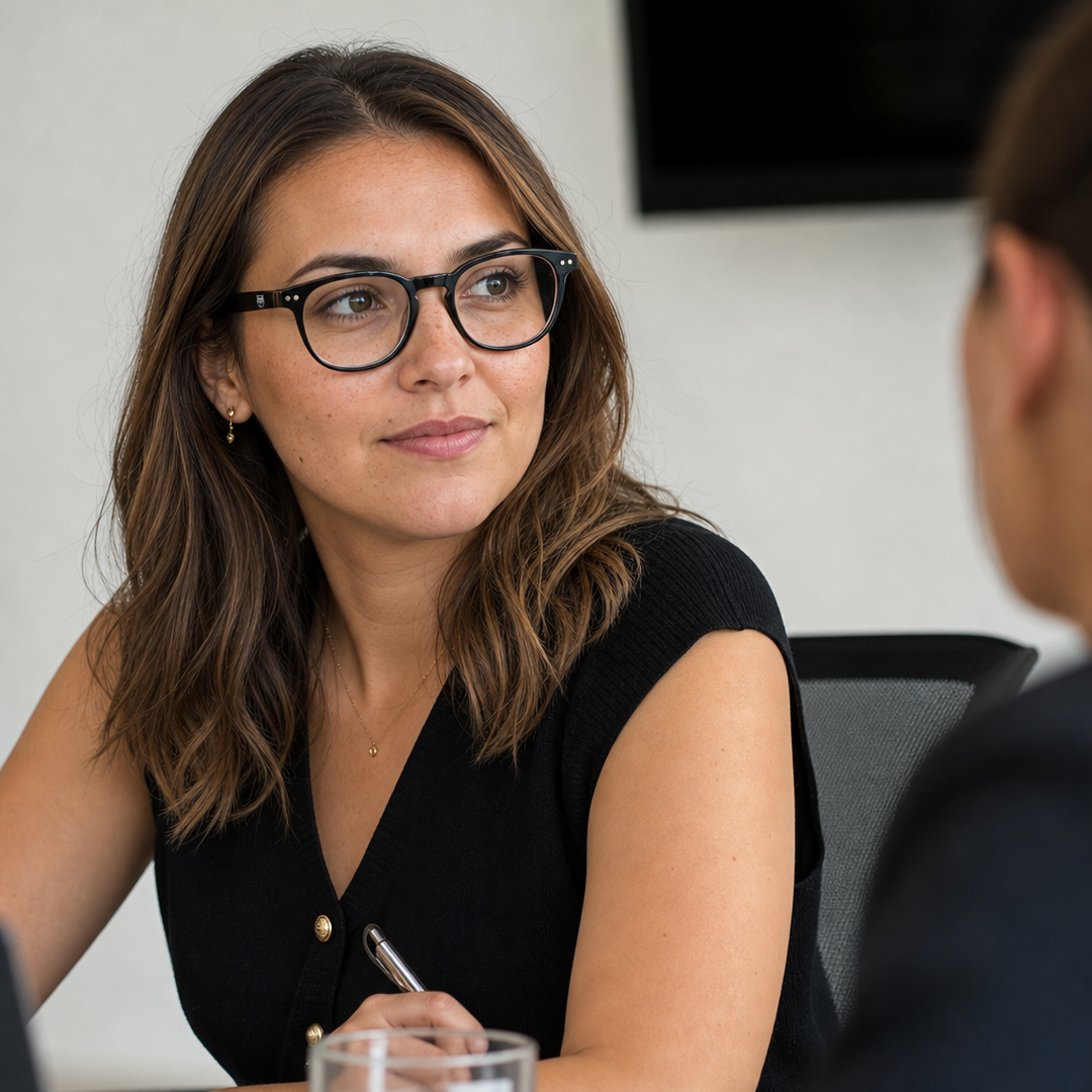Mujer usando marco óptico Quintay Marrón con filtro azul - Buhu Eyewear