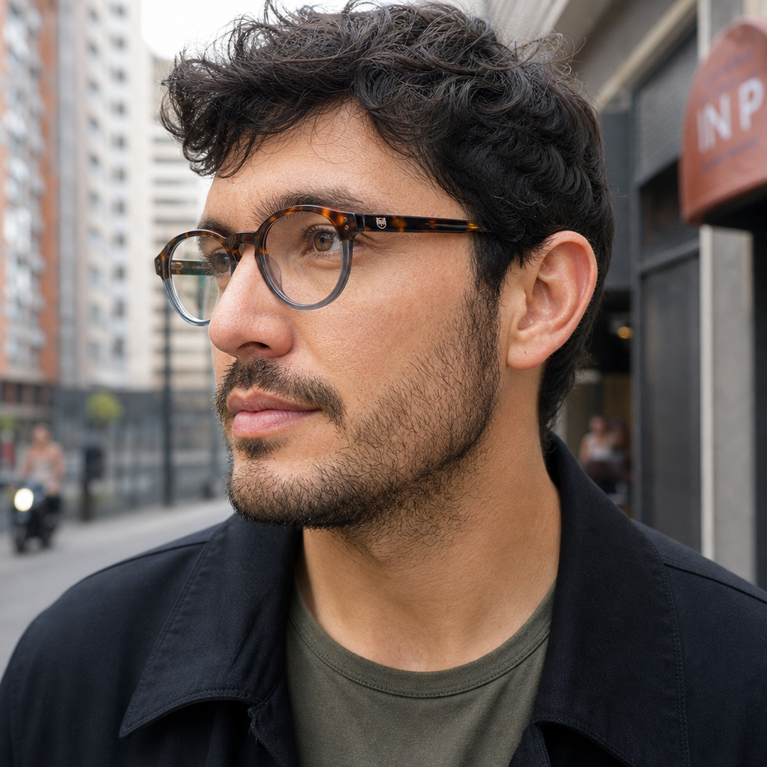 Hombre usando marco óptico Caburga Carey con filtro azul - Buhu Eyewear