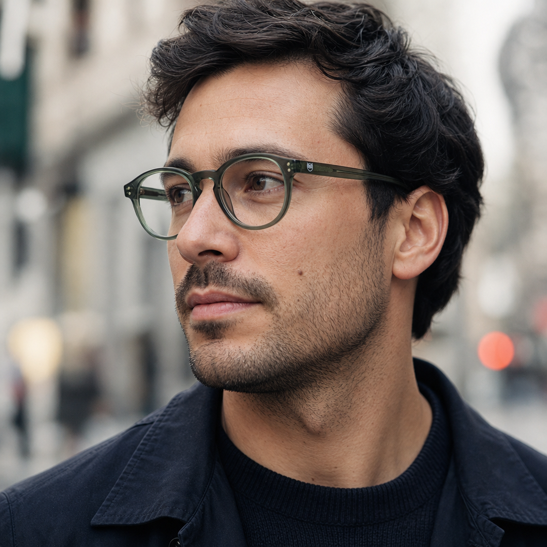 Hombre usando marco óptico Caburga Verde con filtro azul - Buhu Eyewear