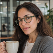 Mujer usando marco óptico Caburga Verde con filtro azul - Buhu Eyewear