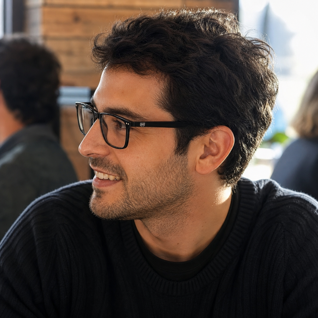 Hombre usando marco óptico Tongoy Clip Negro con filtro azul - Buhu Eyewear