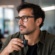 Hombre usando marco óptico Tongoy Clip Carey con filtro azul - Buhu Eyewear