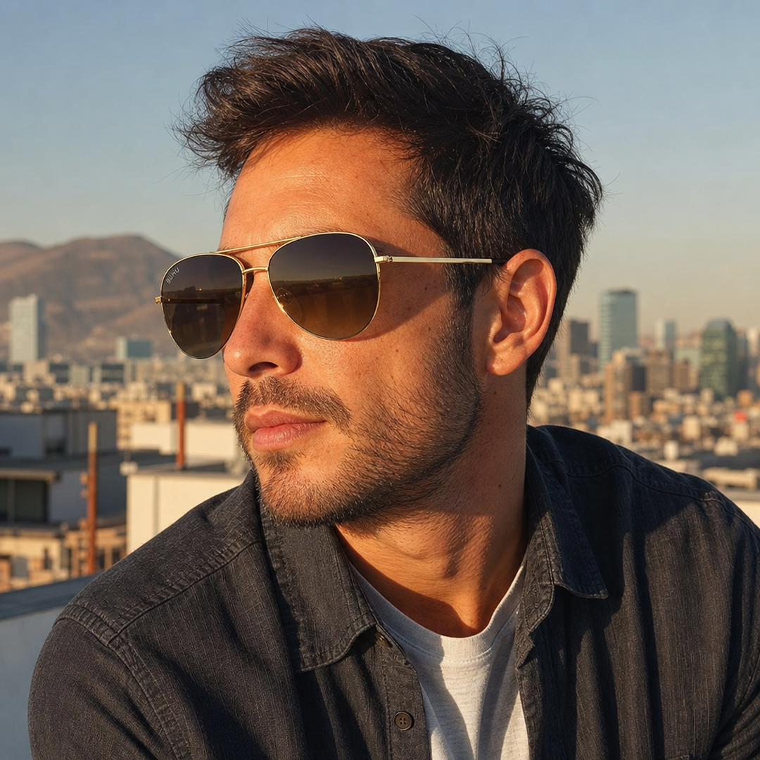Hombre usando lentes de sol Ginebra Dorado con protección UV400 - Buhu Eyewear
