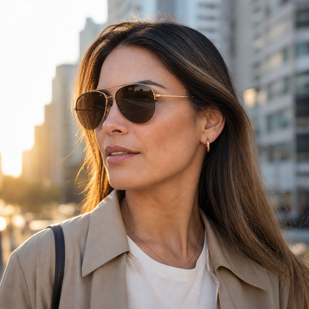 Mujer usando lentes de sol Ginebra Dorado con protección UV400 - Buhu Eyewear