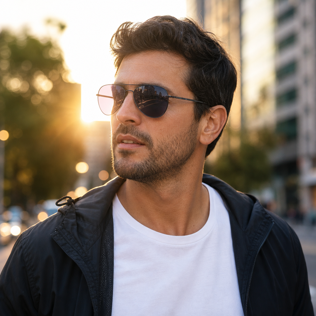 Hombre usando lentes de sol Ginebra Gris con protección UV400 - Buhu Eyewear