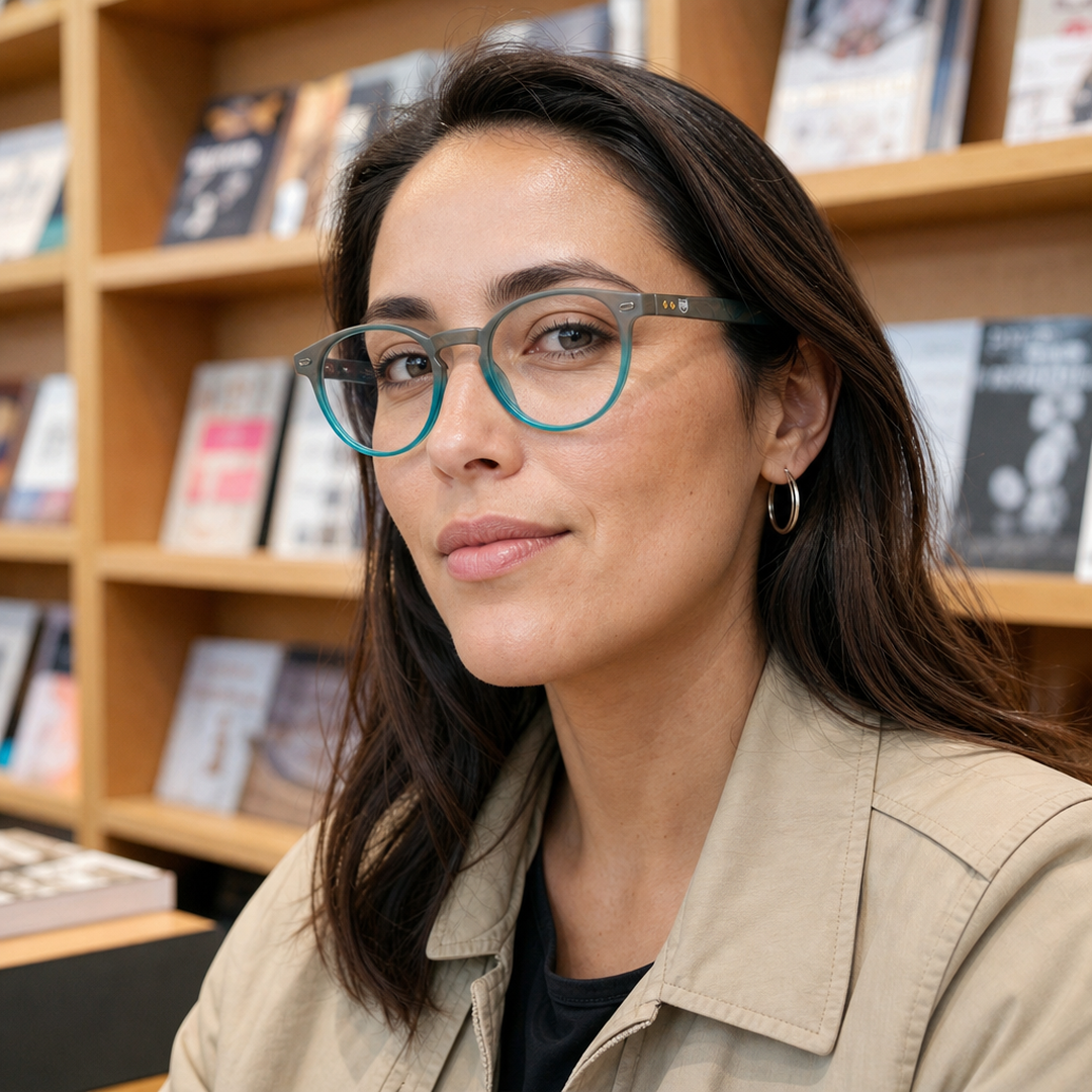 Mujer usando lentes de lectura Ceiba Azul con filtro azul - Buhu Eyewear