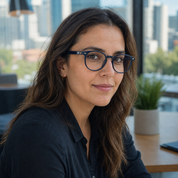 Mujer usando lentes de lectura Ceiba Negro con filtro azul - Buhu Eyewear
