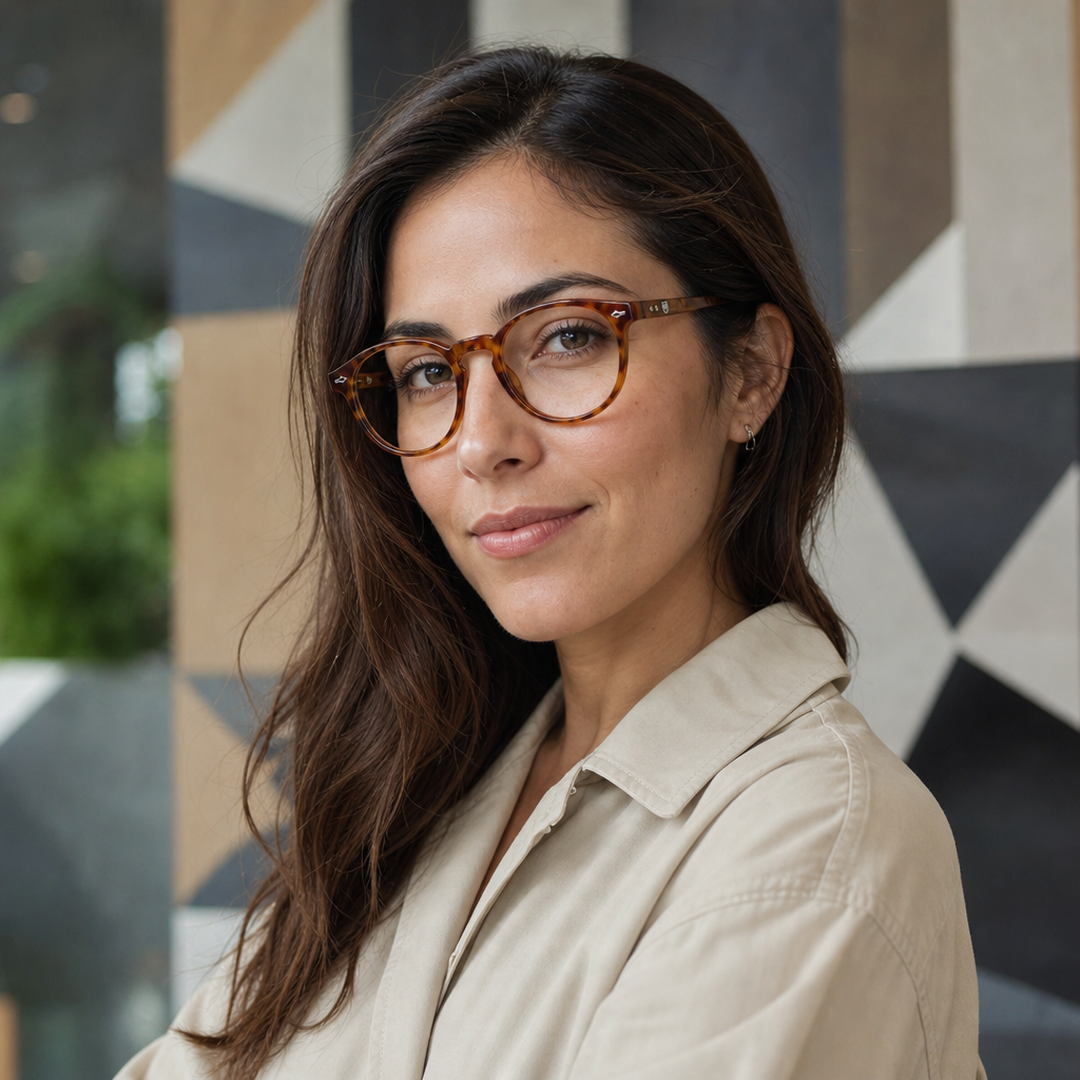 Mujer usando lentes de lectura Capuchino Beige con filtro azul - Buhu Eyewear