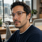 Hombre usando lentes de lectura Quetzal Azul con filtro azul - Buhu Eyewear