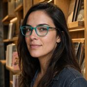 Mujer usando lentes de lectura Quetzal Verde con filtro azul - Buhu Eyewear