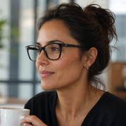 Mujer usando marco óptico Frutillar Carey con filtro azul - Buhu Eyewear