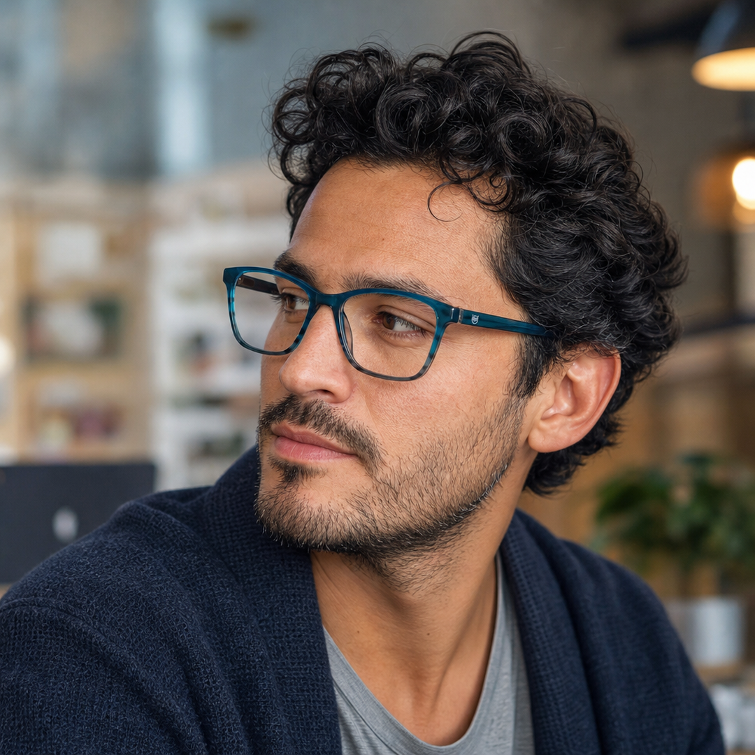Hombre usando marco óptico Frutillar Azul con filtro azul - Buhu Eyewear