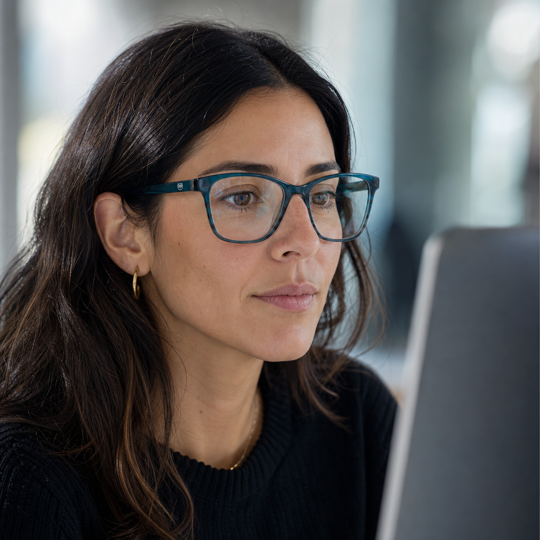 Mujer usando marco óptico Frutillar Azul con filtro azul - Buhu Eyewear