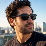 Hombre usando lentes de sol Milan Negro con protección UV400 - Buhu Eyewear