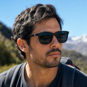 Hombre usando lentes de sol Milan Negro con protección UV400 - Buhu Eyewear