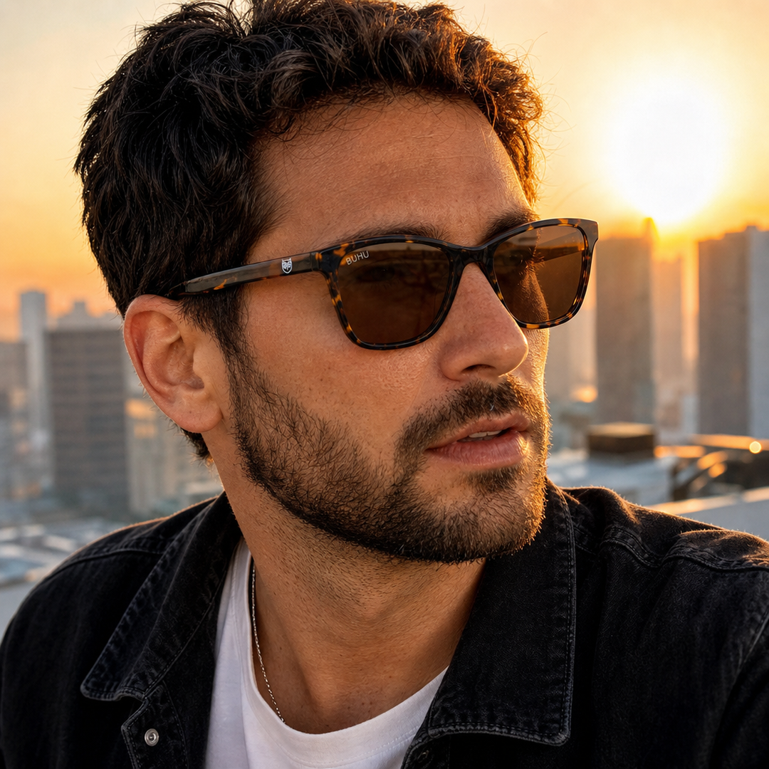 Hombre usando lentes de sol Milan Carey con protección UV400 - Buhu Eyewear