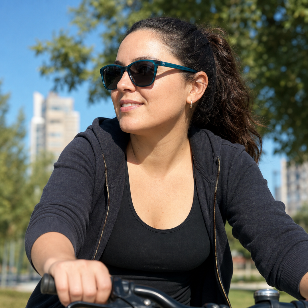 Mujer usando lentes de sol Milan Verde con protección UV400 - Buhu Eyewear