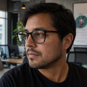 Hombre usando marco óptico Papudo Carey con filtro azul - Buhu Eyewear