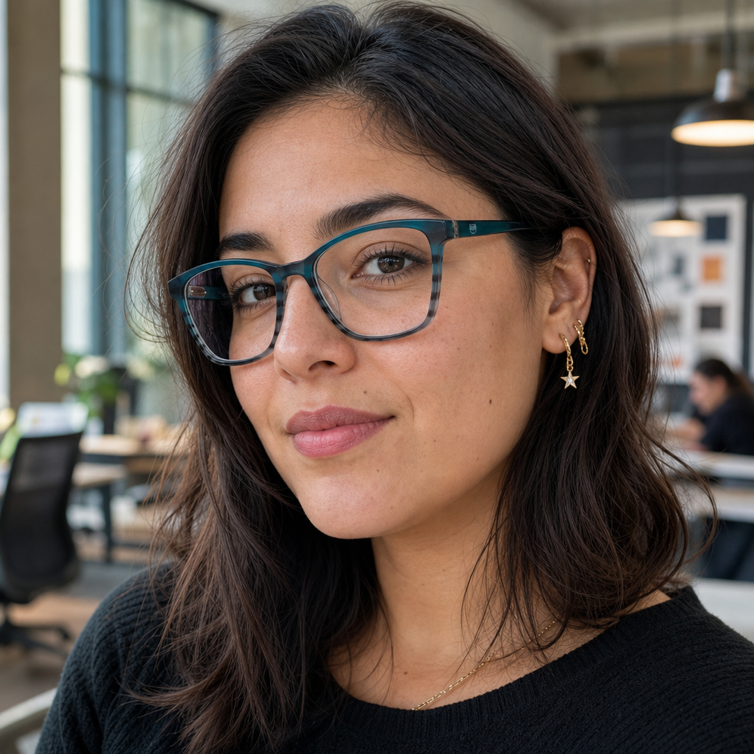 Mujer usando marco óptico Papudo Azul con filtro azul - Buhu Eyewear