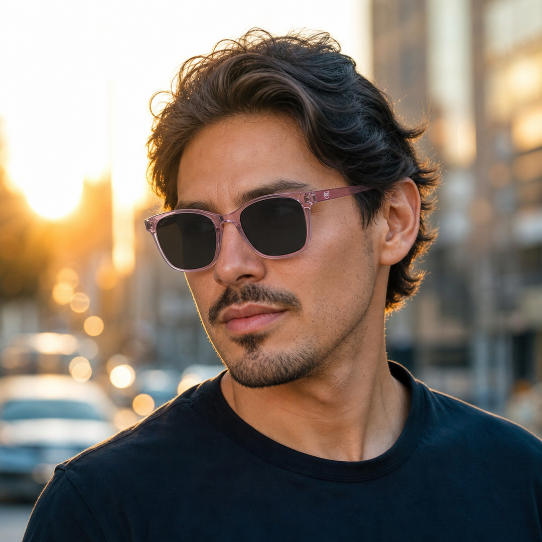 Hombre usando lentes de sol Tokyo Rosa con protección UV400 - Buhu Eyewear