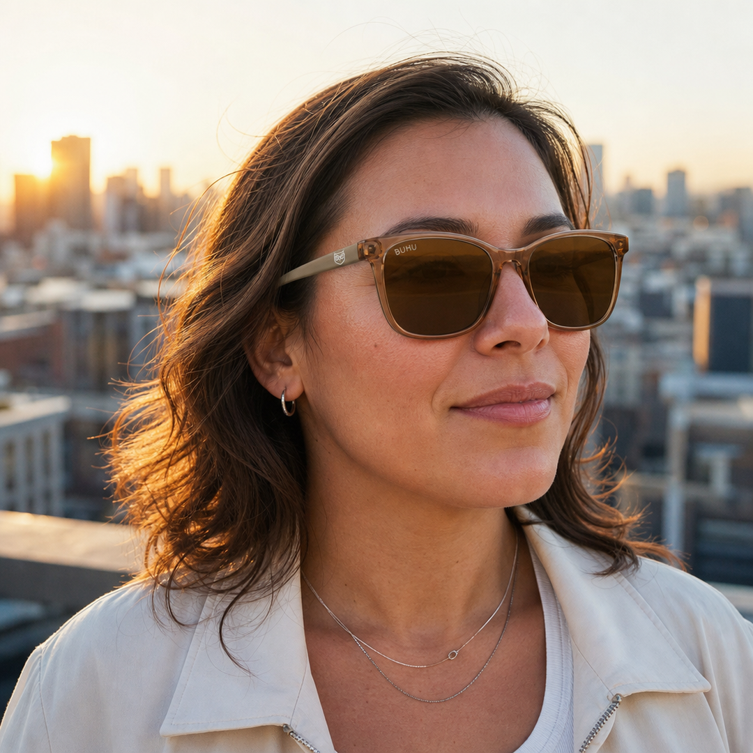 Mujer usando lentes de sol Tokyo Marrón con protección UV400 - Buhu Eyewear